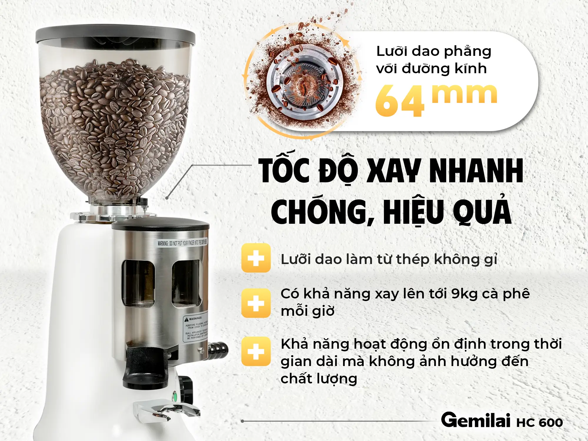 Đặc điểm nổi bật của máy xay cà phê Gemilai HC 600 là tốc độ xay nhanh chóng, hiệu quả.