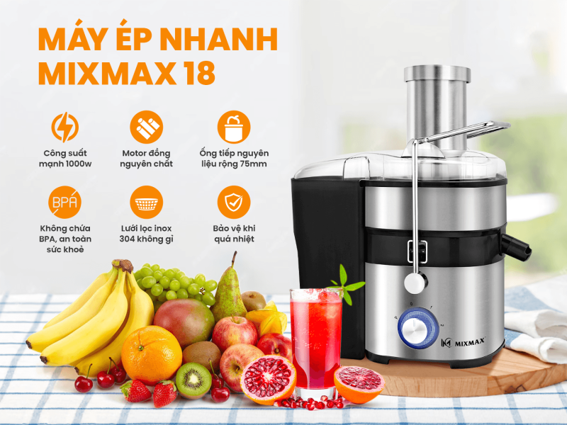 Máy ép nhanh trái cây công nghiệp MIXMAX 18 - Chuyên dùng cho quán nước ép 1 Máy Ép Nhanh Trái Cây MIXMAX 18 – Công Suất 1000W, 3 Chế Độ Cho Quán Nước Ép