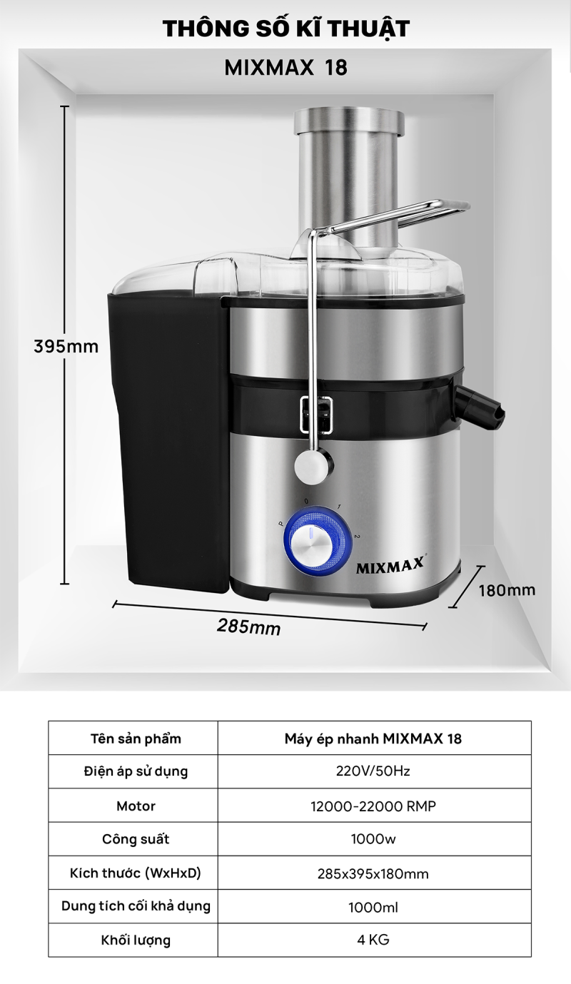 Máy ép nhanh trái cây công nghiệp MIXMAX 18 - Chuyên dùng cho quán nước ép 12 Máy Ép Nhanh Trái Cây MIXMAX 18 – Công Suất 1000W, 3 Chế Độ Cho Quán Nước Ép