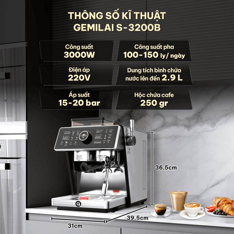 Máy pha cà phê Gemilai S-3200B - Máy pha cà phê đa năng 3 Công suất Màn hình đa nhiệm của Máy pha cà phê Gemilai S-3200B