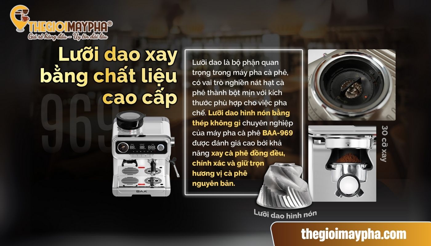 Máy pha cà phê BAA 969 - Thương hiệu tín nhiệm hàng đầu Châu Á 6 Máy pha caphe BAA 969 có lưỡi dao xay cafe hình nón