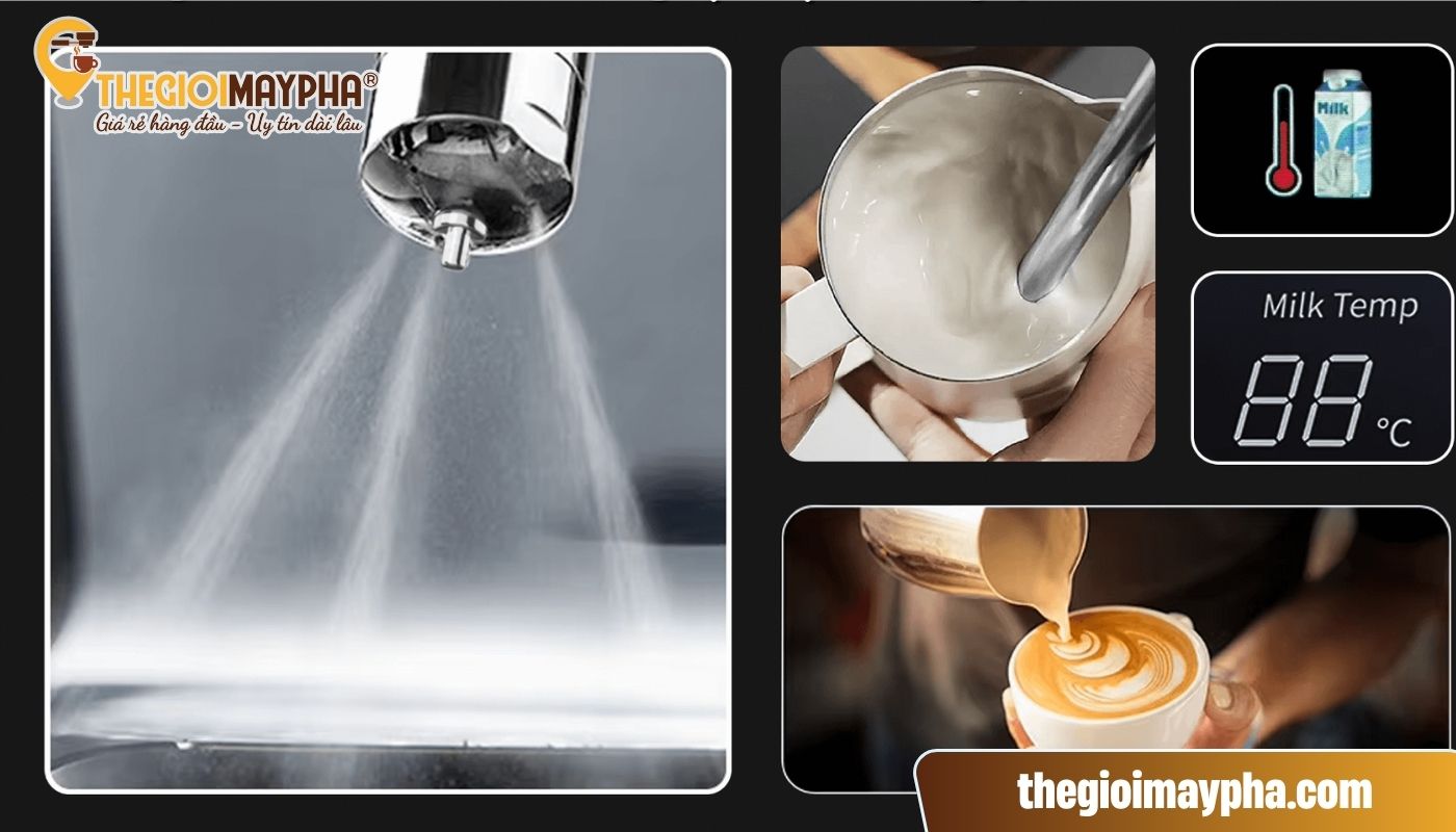 Thiết bị pha cà phê Gemilai S-3200B có hệ thống vòi đánh xoay 360° 