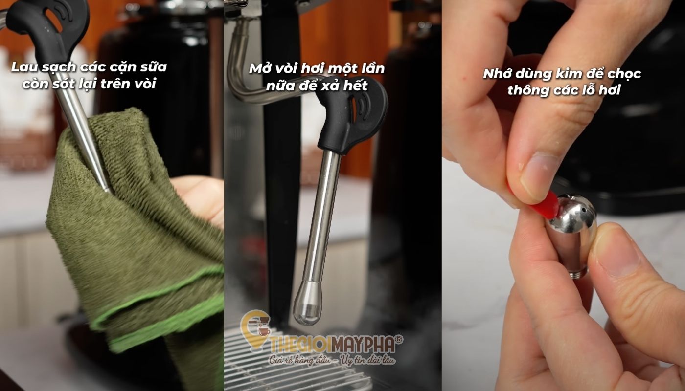 Lau sạch vòi đánh sữa và xả hơi một lần nữa để xả hết cặn bám còn sót lại